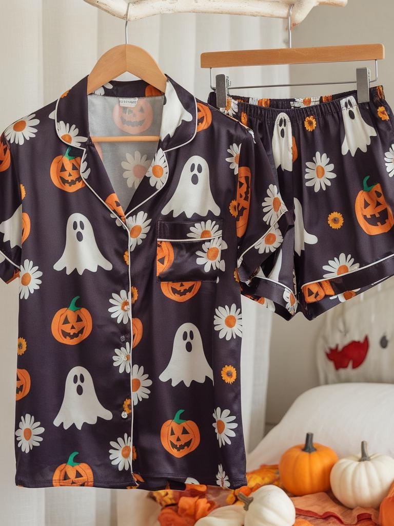 Cute Ghosts, Pumpkins and Daisy Flowers Satin Pajamas Set, Ghost Pajamas, Cozy Fall Pajamas, Halloween Pajamas, Floral Halloween Pajamas Set