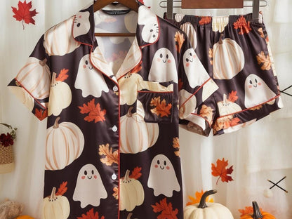 Cute Ghosts and Pumpkins Satin Pajamas Set, Ghost Pajamas, Fall Aesthetic Pajamas, Cozy Autumn Pajamas, Halloween Pajamas, Spooky Season Pjs