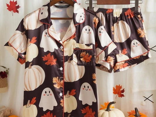 Cute Ghosts and Pumpkins Satin Pajamas Set, Ghost Pajamas, Fall Aesthetic Pajamas, Cozy Autumn Pajamas, Halloween Pajamas, Spooky Season Pjs