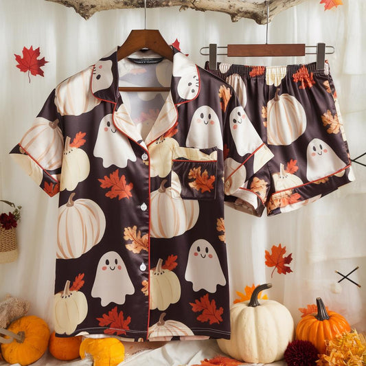 Cute Ghosts and Pumpkins Satin Pajamas Set, Ghost Pajamas, Fall Aesthetic Pajamas, Cozy Autumn Pajamas, Halloween Pajamas, Spooky Season Pjs