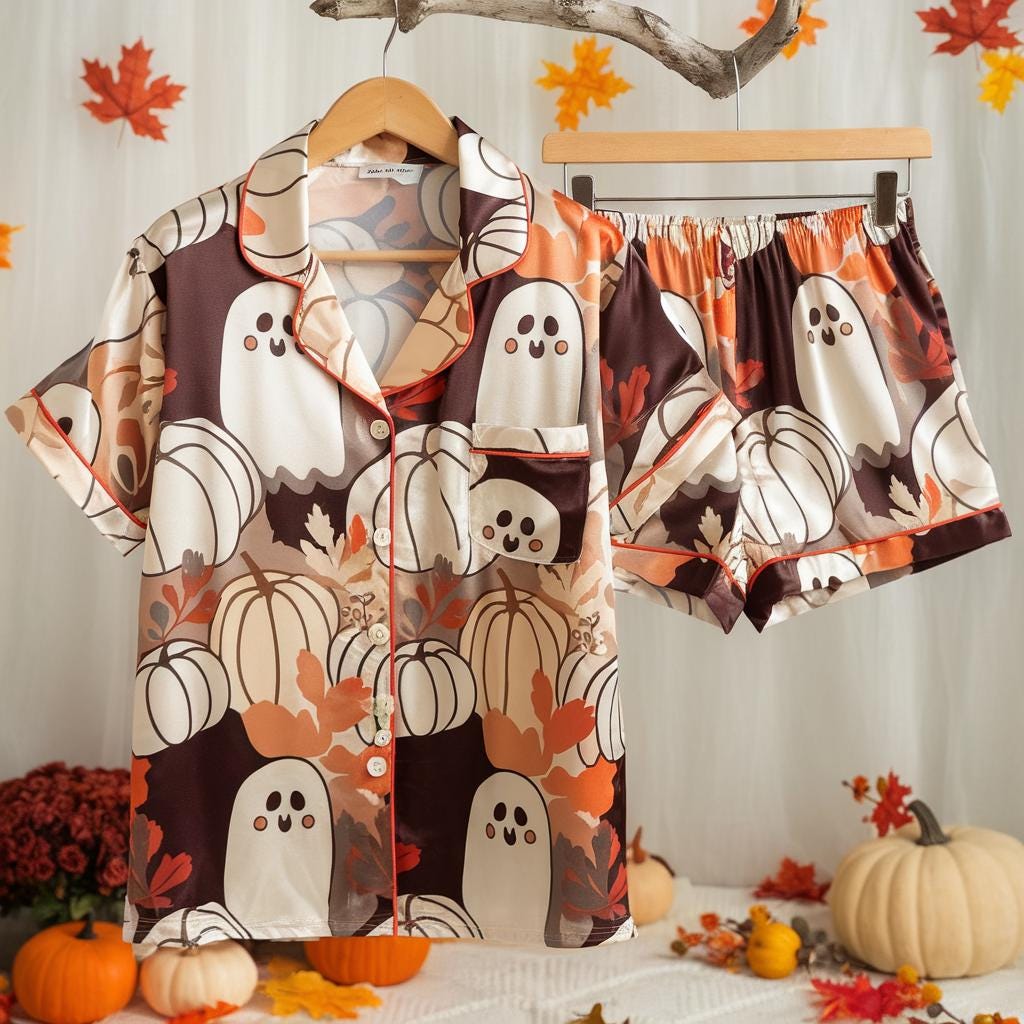 Cute Ghosts and Pumpkins Satin Pajamas Set, Ghost Pajamas, Halloween Pajamas, Fall Aesthetic Pajamas, Cozy Autumn Pajamas, Spooky Season Pjs