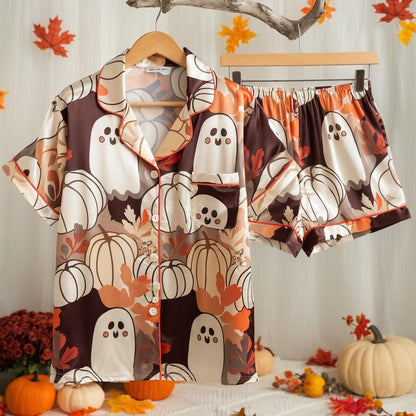 Cute Ghosts and Pumpkins Satin Pajamas Set, Ghost Pajamas, Halloween Pajamas, Fall Aesthetic Pajamas, Cozy Autumn Pajamas, Spooky Season Pjs