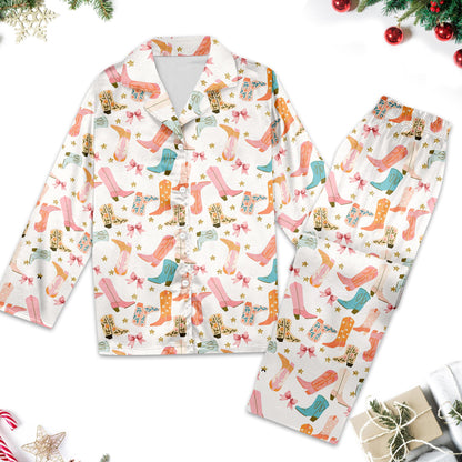 Cowboy Boot Pajama Set, Cowboy Cowgirl Western Print Pajamas, Trendy Pajamas Set Gift for Her, Cowgirl Themed Cozy Pajamas Set
