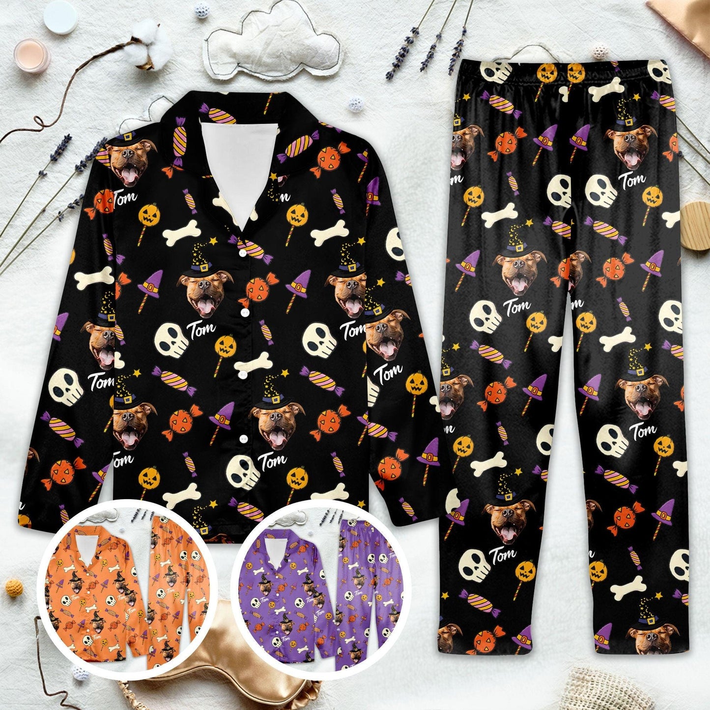 Custom Photo Halloween Outfit, Personalized Pet Photo Halloween Pajamas Set, Matching Halloween Pajamas Set, Halloween Costume Shirt