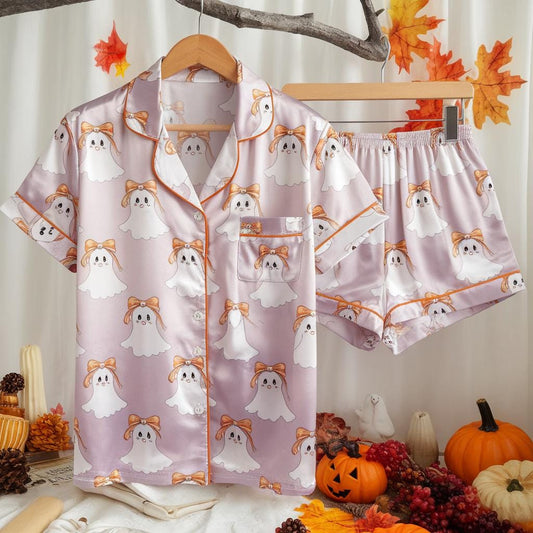 Cute Ghosts and Bows Satin Pajamas Set, Ghost Pajamas, Coquette Halloween Pajamas, Halloween Pajamas, Ghosts Bow Pajamas, Cozy Fall Pajamas