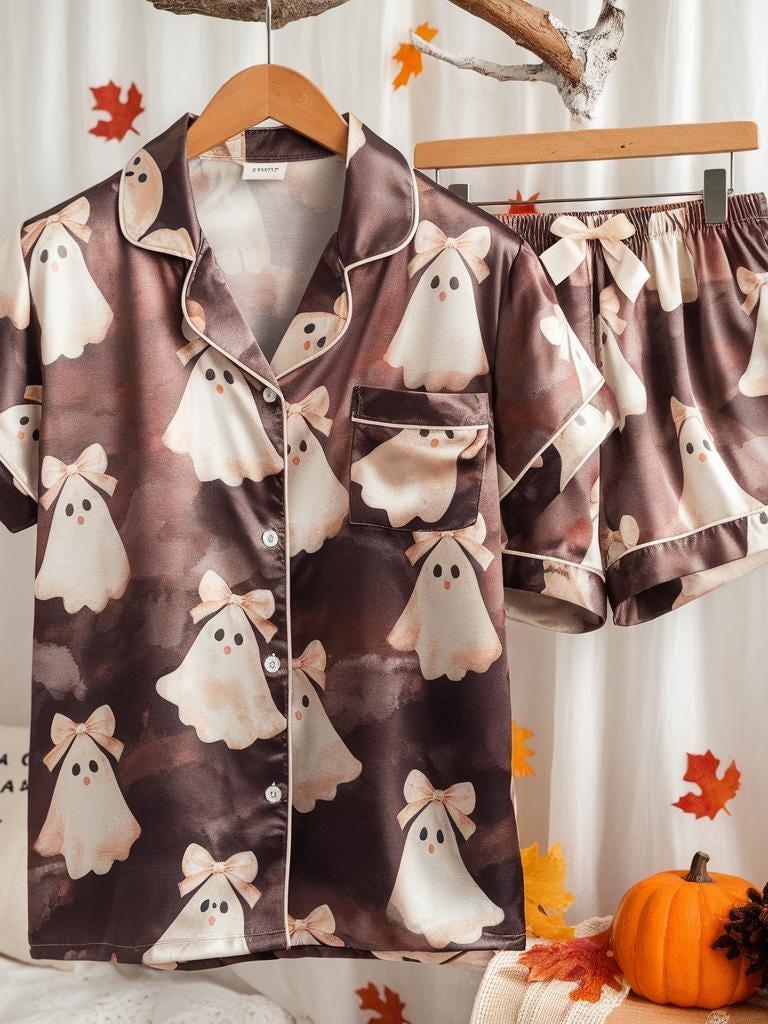Cute Ghosts and Bows Satin Pajamas Set, Ghost Pajamas, Coquette Halloween Pajamas, Ghosts Bow Pajamas, Halloween Pajamas, Cozy Fall Pajamas