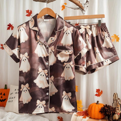 Cute Ghosts and Bows Satin Pajamas Set, Ghost Pajamas, Coquette Halloween Pajamas, Ghosts Bow Pajamas, Halloween Pajamas, Cozy Fall Pajamas