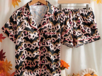 Halloween Bat Leopard Satin Pajamas Set, Girlish Halloween Pajamas, Halloween Pajamas, Cute Glitter Bat Pajamas, Spooky Season Pajamas Set