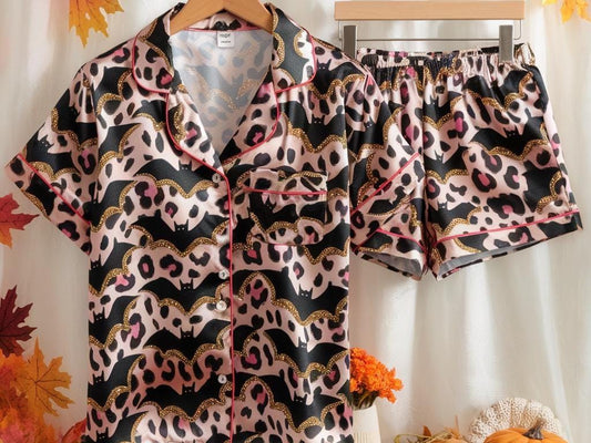 Halloween Bat Leopard Satin Pajamas Set, Girlish Halloween Pajamas, Halloween Pajamas, Cute Glitter Bat Pajamas, Spooky Season Pajamas Set