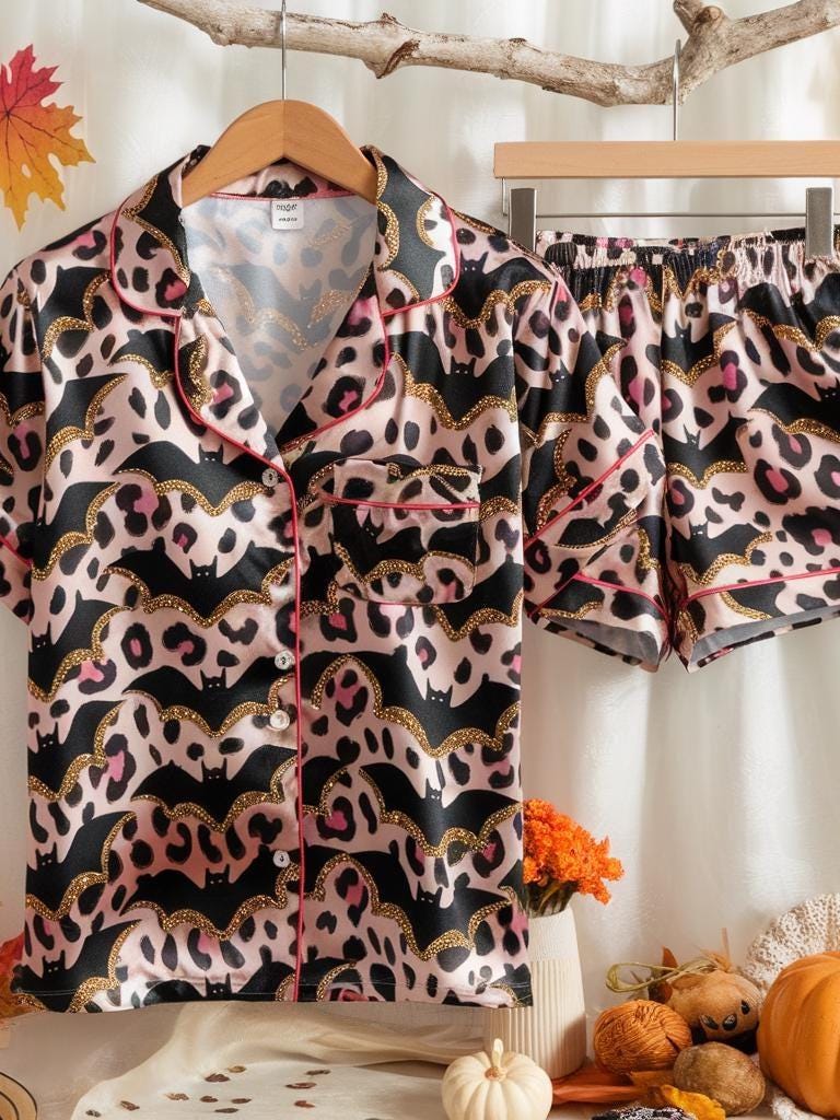 Halloween Bat Leopard Satin Pajamas Set, Girlish Halloween Pajamas, Halloween Pajamas, Cute Glitter Bat Pajamas, Spooky Season Pajamas Set