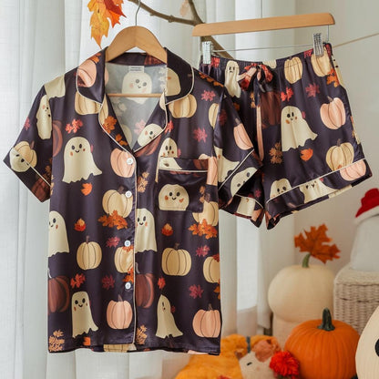 Cute Ghosts and Pumpkins Satin Pajamas Set, Fall Aesthetic Pajamas, Ghost Pajamas, Cozy Autumn Pajamas, Halloween Pajamas, Spooky Season Pjs