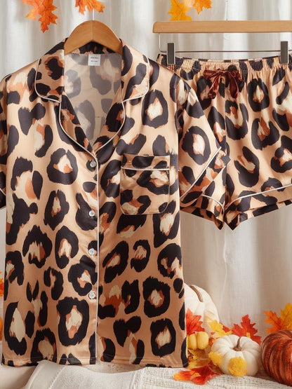 Leopard Pattern Satin Pajamas Set, Girlish Pajamas, Cute Women Pajamas, Leopard Skin Pajamas Set, Leopard & Cheetah Pajama, Halloween Pajama