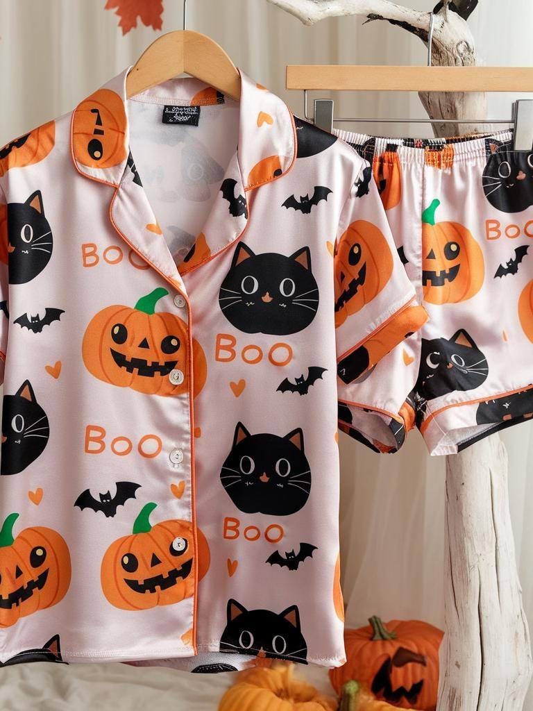 Black Cats and Pumpkins Satin Pajamas Set, Bat Halloween Pajamas, Pumpkin Pajamas, Black Cat Pajamas, Halloween Pajamas, Spooky Season Pjs