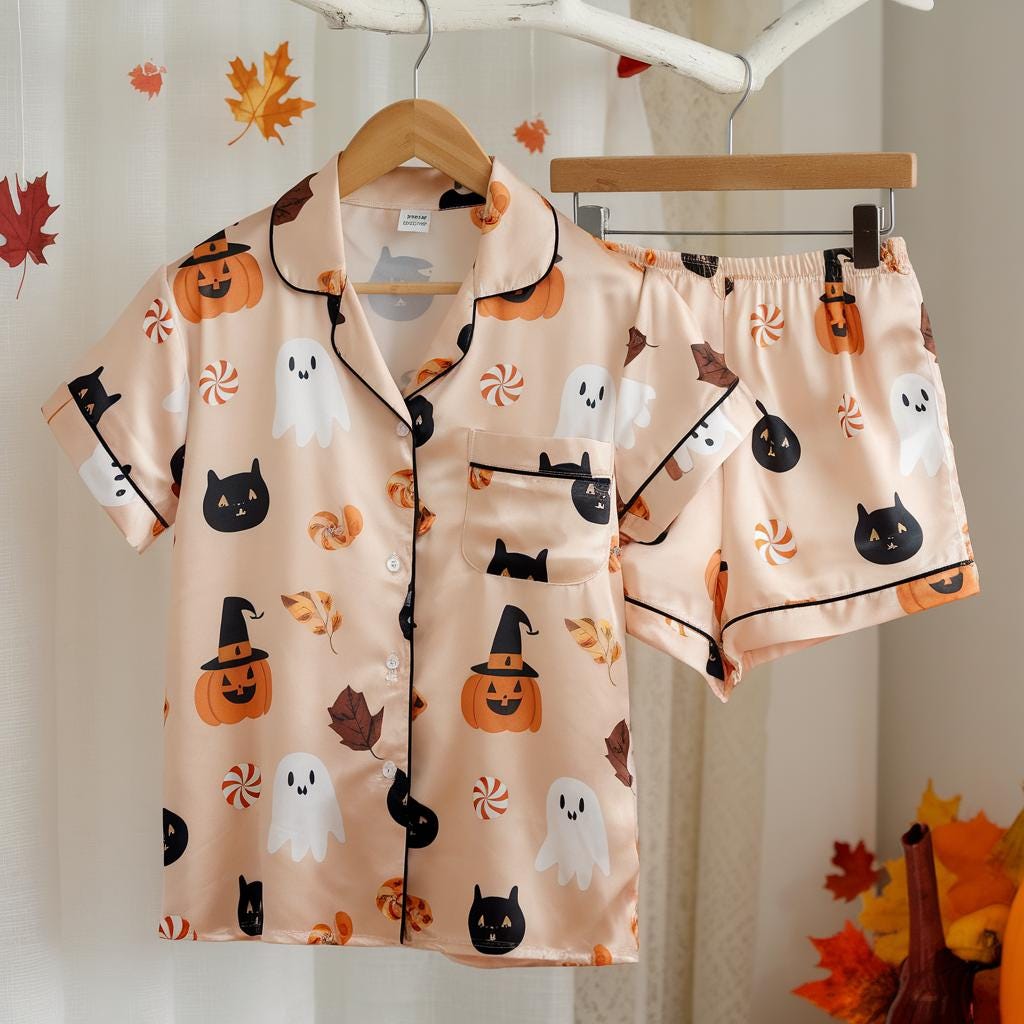 Black Cats and Pumpkins Satin Pajamas Set, Halloween Pajamas, Pumpkin Pajama, Black Cat Pajamas, Witchy Pajamas, Spooky Season Pjs, Fall Pjs