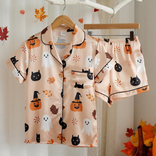 Black Cats and Pumpkins Satin Pajamas Set, Halloween Pajamas, Pumpkin Pajama, Black Cat Pajamas, Witchy Pajamas, Spooky Season Pjs, Fall Pjs
