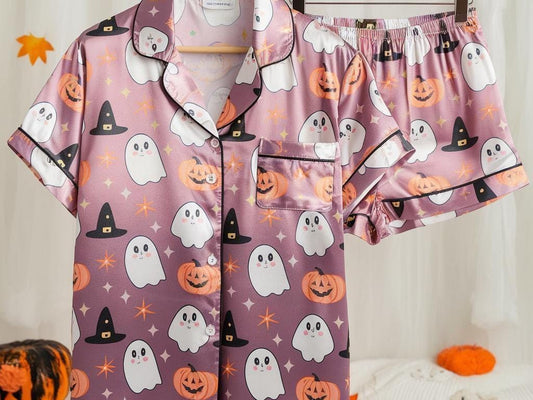 Cute Ghosts and Pumpkins Satin Pajamas Set, Ghost Pajamas, Witch Hats Pajamas, Witchy Pajamas, Halloween Pajamas Set, Spooky Season Pajamas