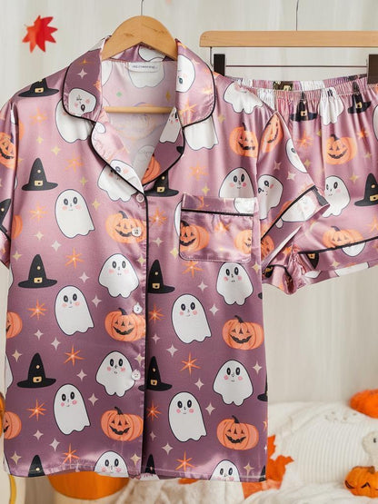Cute Ghosts and Pumpkins Satin Pajamas Set, Ghost Pajamas, Witch Hats Pajamas, Witchy Pajamas, Halloween Pajamas Set, Spooky Season Pajamas
