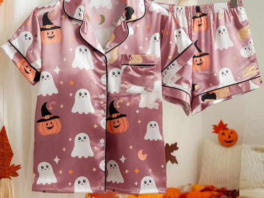 Cute Ghosts and Pumpkins Satin Pajamas Set, Ghost Pajamas, Witchy Pajamas, Halloween Pajamas Set, Witch Hats Pajamas, Spooky Season Pajamas