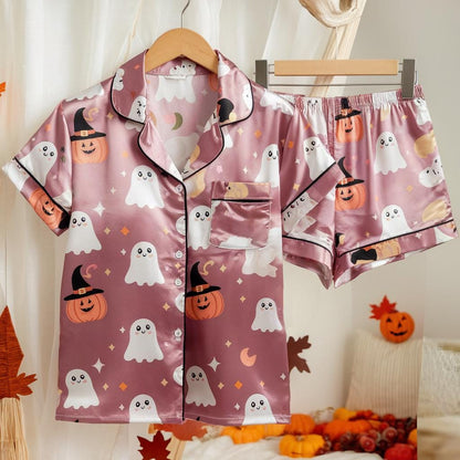 Cute Ghosts and Pumpkins Satin Pajamas Set, Ghost Pajamas, Witchy Pajamas, Halloween Pajamas Set, Witch Hats Pajamas, Spooky Season Pajamas