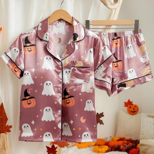 Cute Ghosts and Pumpkins Satin Pajamas Set, Ghost Pajamas, Witchy Pajamas, Halloween Pajamas Set, Witch Hats Pajamas, Spooky Season Pajamas