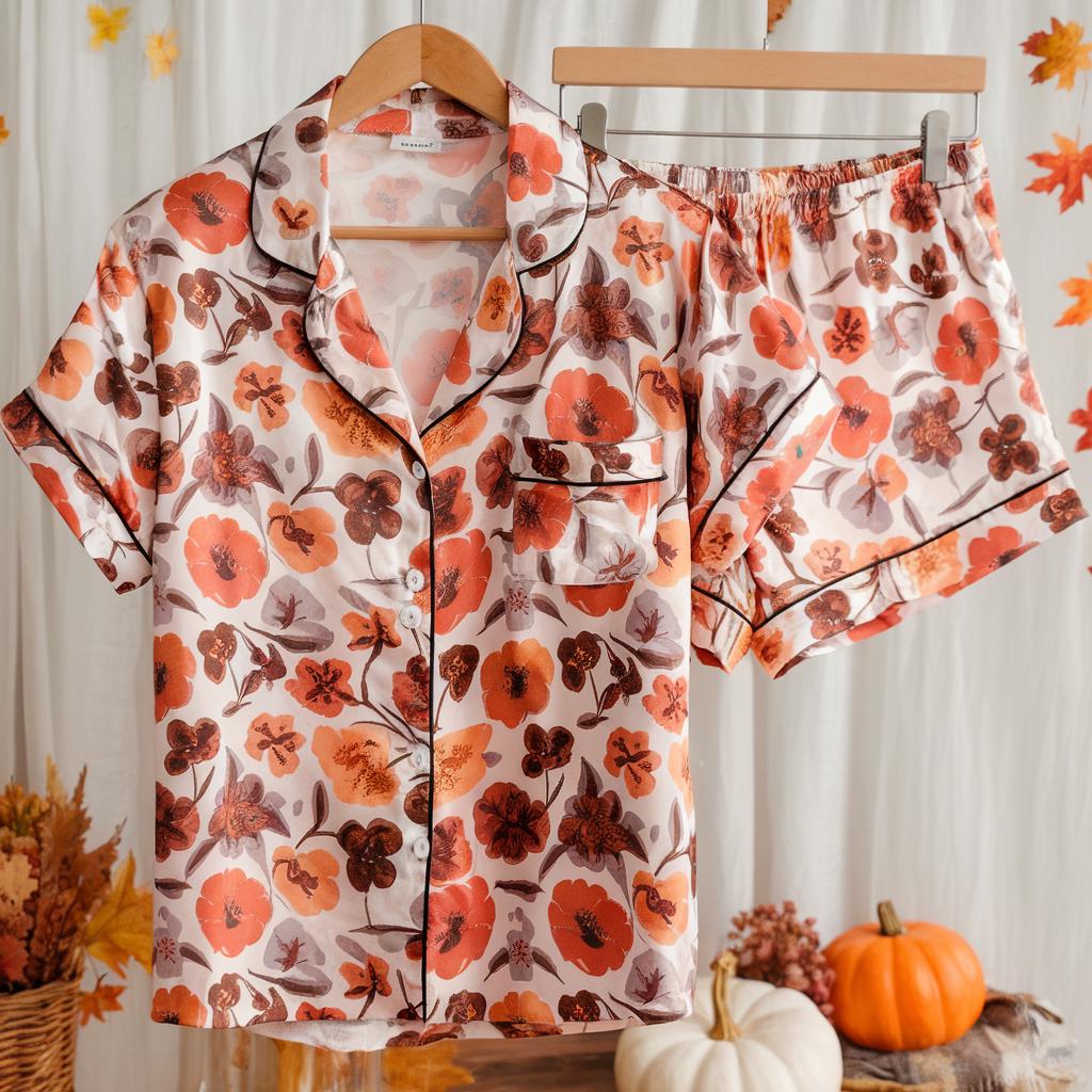 Cozy Fall Aesthetic Satin Pajamas Set, Autumn Pajamas, Fall Pajamas, Autumn Leaves Pajamas, Fall Flowers Pajamas, Halloween Pjs, Cozy Season