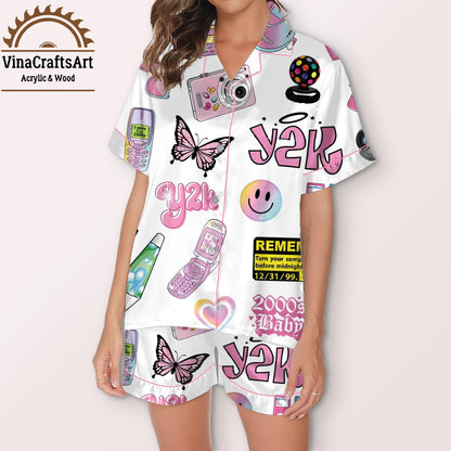 Y2K Pajama Set – 2000s Baby Aesthetic Sleepwear, Retro Tech & Butterfly Print PJs, Cute Short Loungewear Gift for Women, Nostalgia Fans