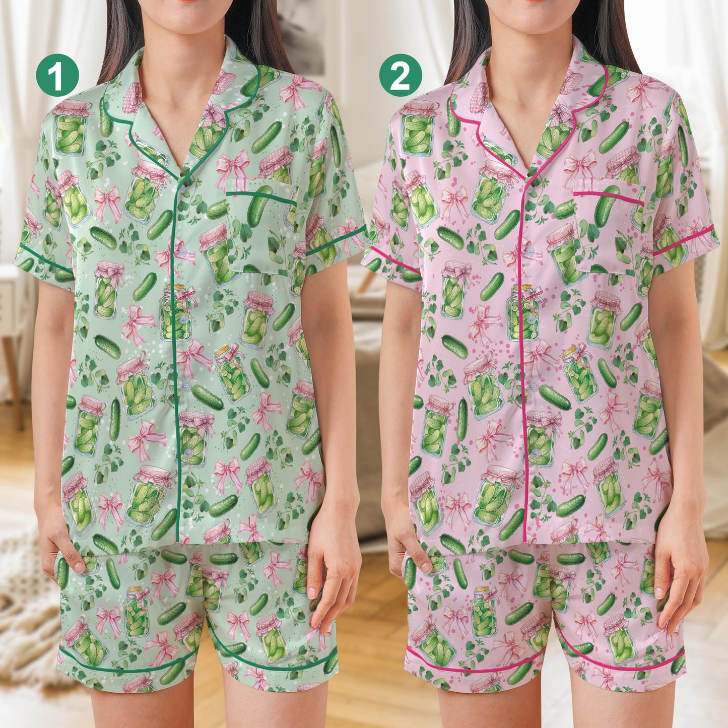 Coquette Pickle Satin Pajama Set, Preppy Pink Bow Sleepwear for Women, Pickle Lovers Pajamas, Summer Loungewear Set, Pickle Season Gifts