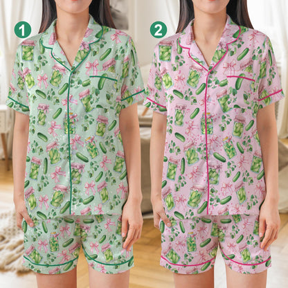Coquette Pickle Satin Pajama Set, Preppy Pink Bow Sleepwear for Women, Pickle Lovers Pajamas, Summer Loungewear Set, Pickle Season Gifts