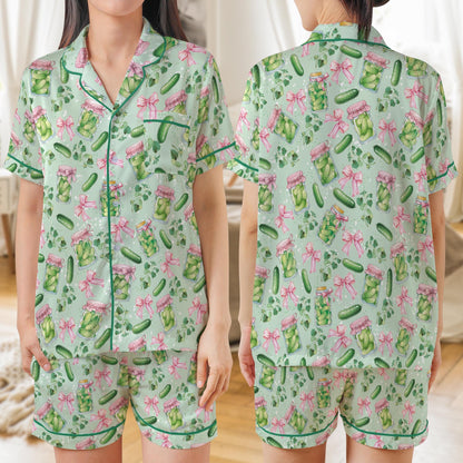 Coquette Pickle Satin Pajama Set, Preppy Pink Bow Sleepwear for Women, Pickle Lovers Pajamas, Summer Loungewear Set, Pickle Season Gifts