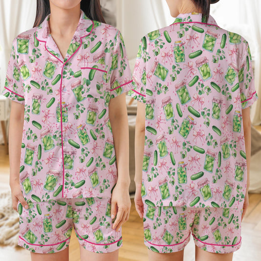 Coquette Pickle Satin Pajama Set, Preppy Pink Bow Sleepwear for Women, Pickle Lovers Pajamas, Summer Loungewear Set, Pickle Season Gifts