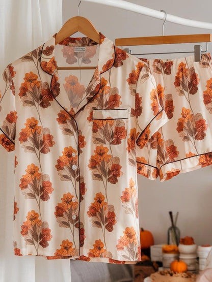 Cozy Fall Aesthetic Satin Pajamas Set, Autumn Pajamas, Fall Pajamas, Autumn Flowers Pajamas, Fall Flowers Pajama, Halloween Pjs, Cozy Season