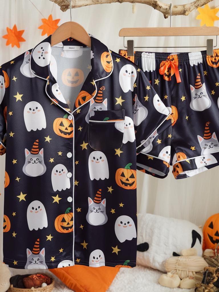 Cute Ghosts and Pumpkins Satin Pajamas Set, Ghost Pajamas, Witchy Pajamas, Halloween Cats Pajamas, Halloween Pajamas, Spooky Season Pajamas