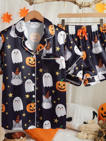 Cute Ghosts and Pumpkins Satin Pajamas Set, Ghost Pajamas, Witchy Pajamas, Halloween Cats Pajamas, Halloween Pajamas, Spooky Season Pajamas