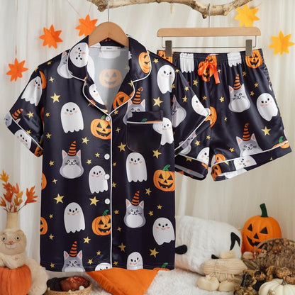 Cute Ghosts and Pumpkins Satin Pajamas Set, Ghost Pajamas, Witchy Pajamas, Halloween Cats Pajamas, Halloween Pajamas, Spooky Season Pajamas