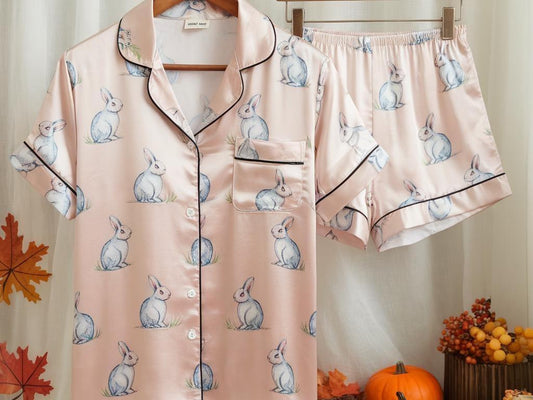 Cute Rabbit Satin Pajamas Set, Rabbits Pajamas, Women Pajamas, Cozy Fall Aesthetic Pajamas, Nature Lovers Pjs, Cute Animal Pjs, Family Pjs