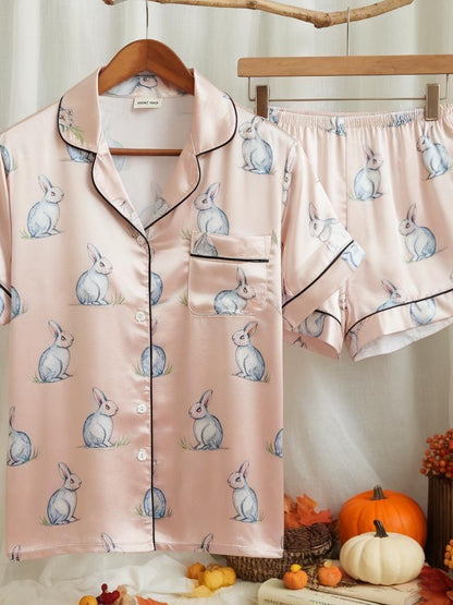 Cute Rabbit Satin Pajamas Set, Rabbits Pajamas, Women Pajamas, Cozy Fall Aesthetic Pajamas, Nature Lovers Pjs, Cute Animal Pjs, Family Pjs