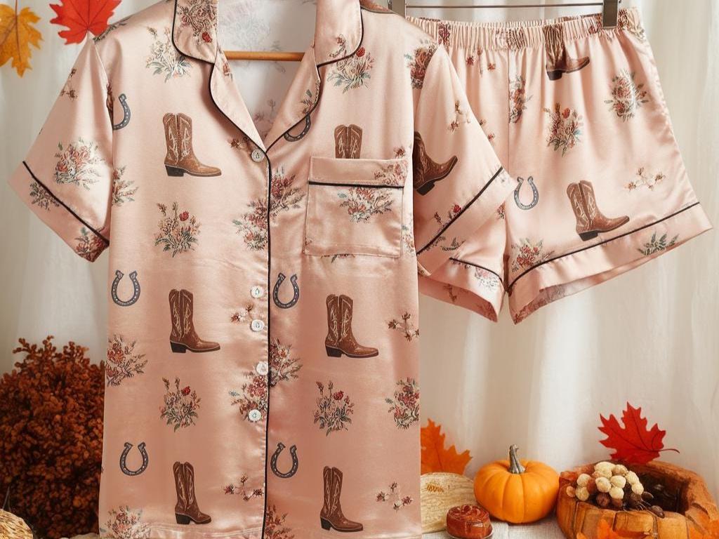 Sweet Cowgirl Satin Pajamas Set, Texas Boots Style Pajamas, Western Pajamas, Cowboy Pajamas, Cowgirl Boots Pajamas, Girly Matching Pajamas