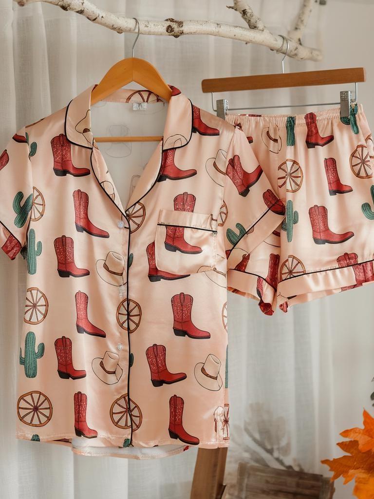 Cowboy Western Satin Pajamas Set, Texas Boots Style Pajamas, Western Pajamas, Cowboy Pajamas, Texas Strong Pajamas, Family Matching Pajamas
