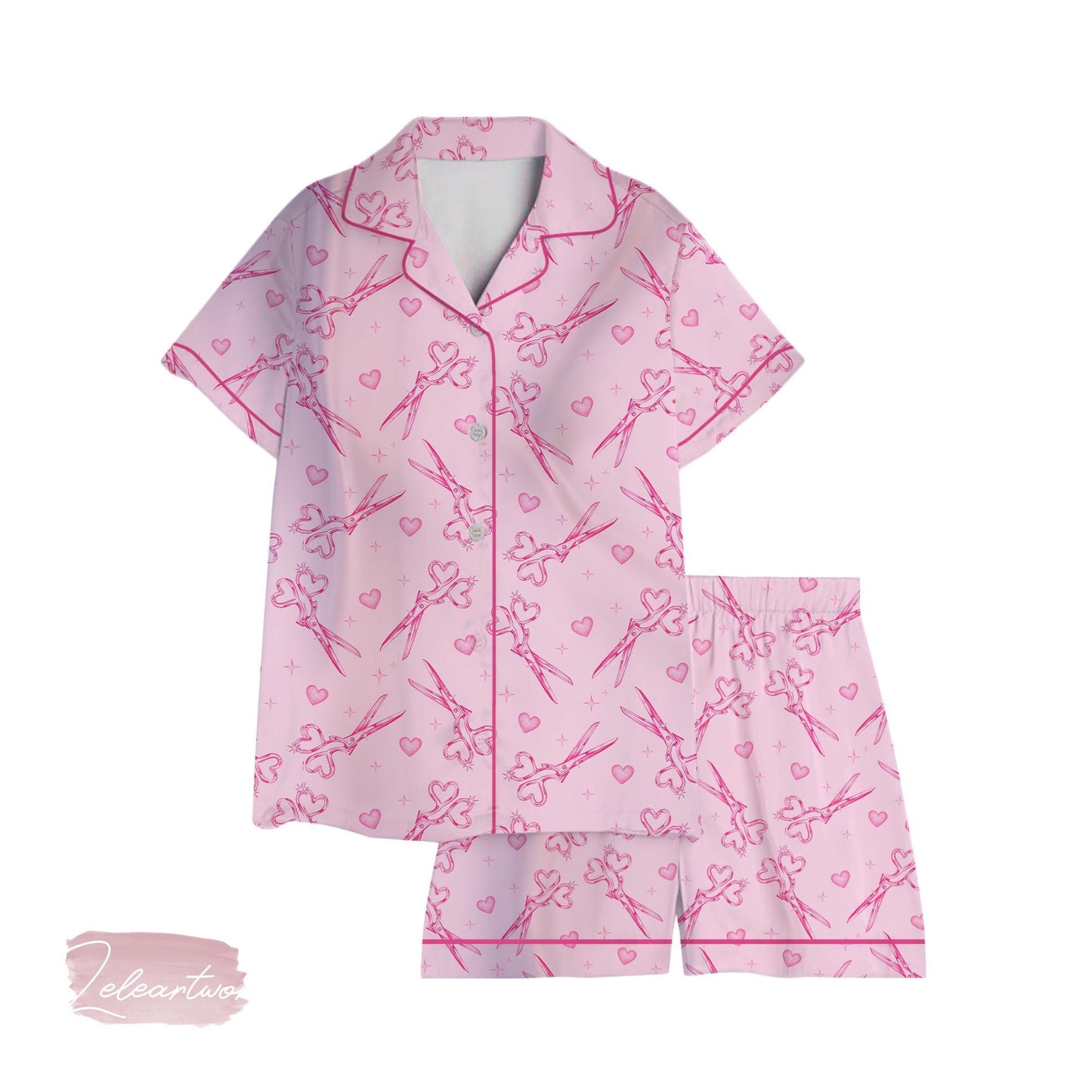 Scissors Set – Pink Coquette Pajama Set with Heart Handle Shears, Cute Girly Sleepwear for Crafters, Sewists & Softcore Lovers
