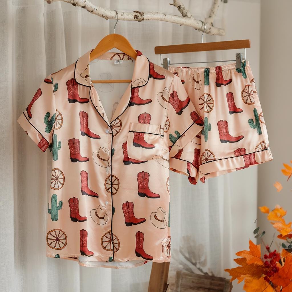 Cowboy Western Satin Pajamas Set, Texas Boots Style Pajamas, Western Pajamas, Cowboy Pajamas, Texas Strong Pajamas, Family Matching Pajamas