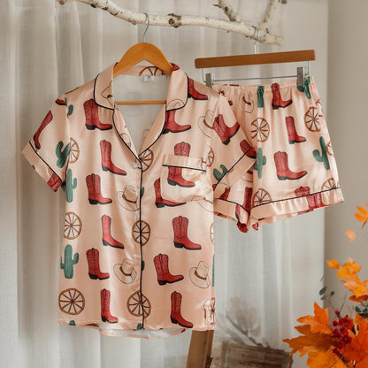 Cowboy Western Satin Pajamas Set, Texas Boots Style Pajamas, Western Pajamas, Cowboy Pajamas, Texas Strong Pajamas, Family Matching Pajamas