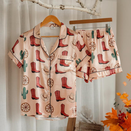 Cowboy Western Satin Pajamas Set, Texas Boots Style Pajamas, Western Pajamas, Cowboy Pajamas, Texas Strong Pajamas, Family Matching Pajamas