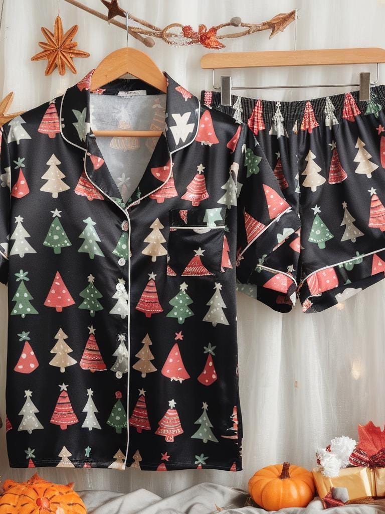 Christmas Trees Satin Pajamas Set, Cute Christmas Pajamas, Pine Trees Pajamas, Christmas Pjs, Family Christmas Pajamas, Cozy Season Pajama