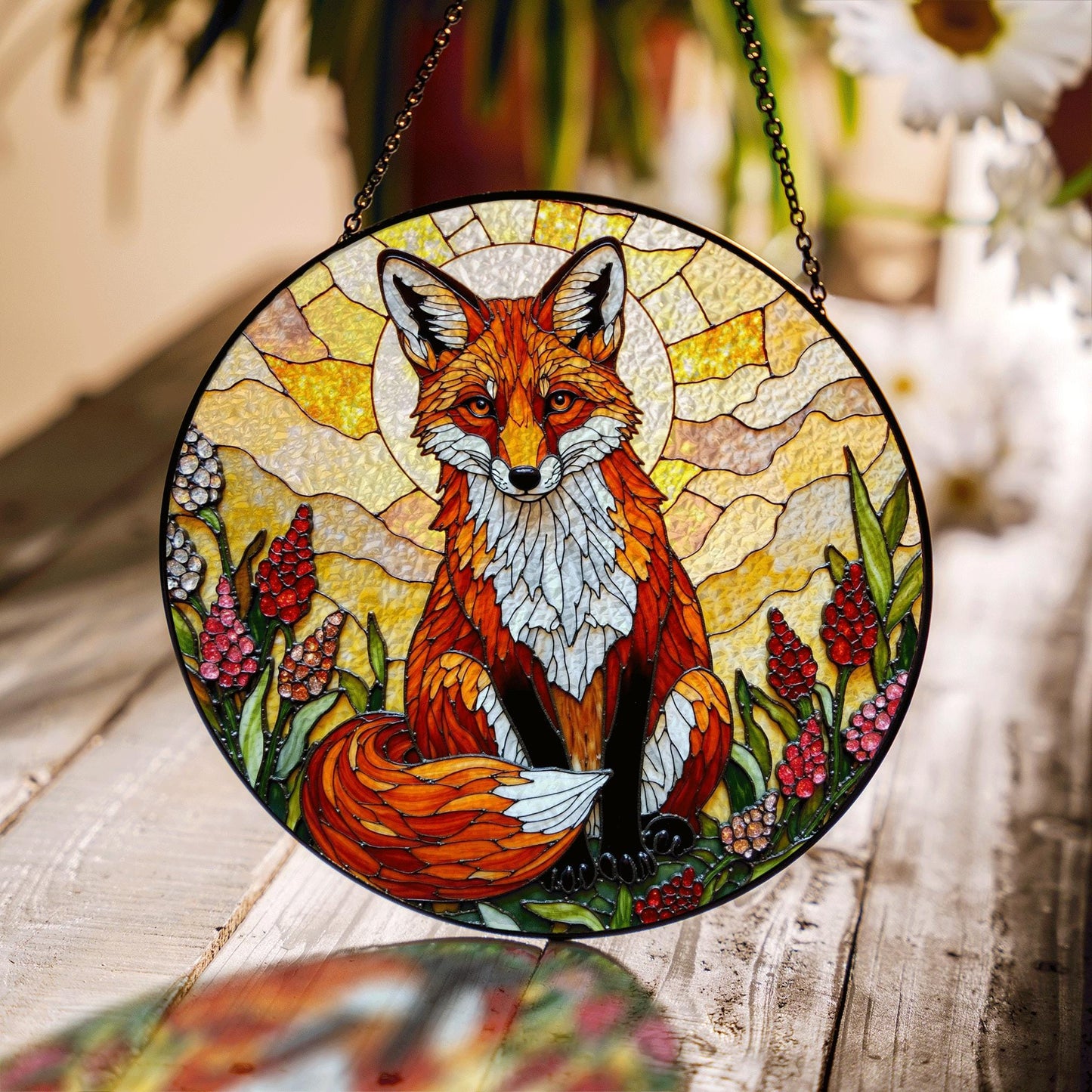 Fox in Wildflower Meadow Stained Glass Style Window Suncatcher Gift for Nature Lover or Woodland Animal Fan