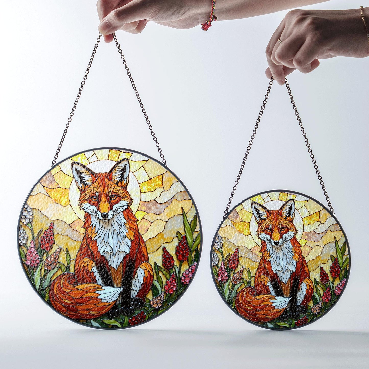 Fox in Wildflower Meadow Stained Glass Style Window Suncatcher Gift for Nature Lover or Woodland Animal Fan