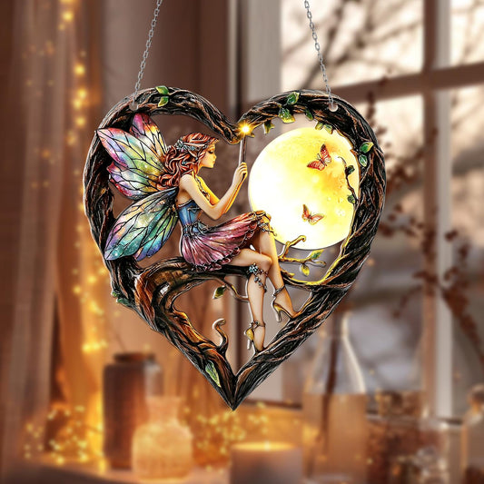 Fairy Heart Acrylic Window Hanging with Moon & Butterflies – Colorful Sun Catcher for Whimsical, Magical Home and Garden Décor
