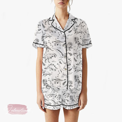 Vintage Dinosaur Pajama Set – Black & White Prehistoric Print Sleepwear for Adults, Cute Retro Dino Loungewear Gift