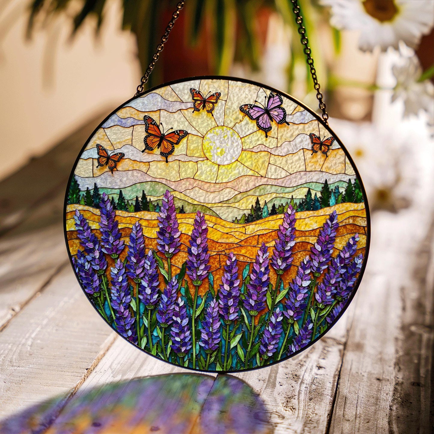 Purple lavender field butterflies stained glass round suncatcher gift for mom nature decor