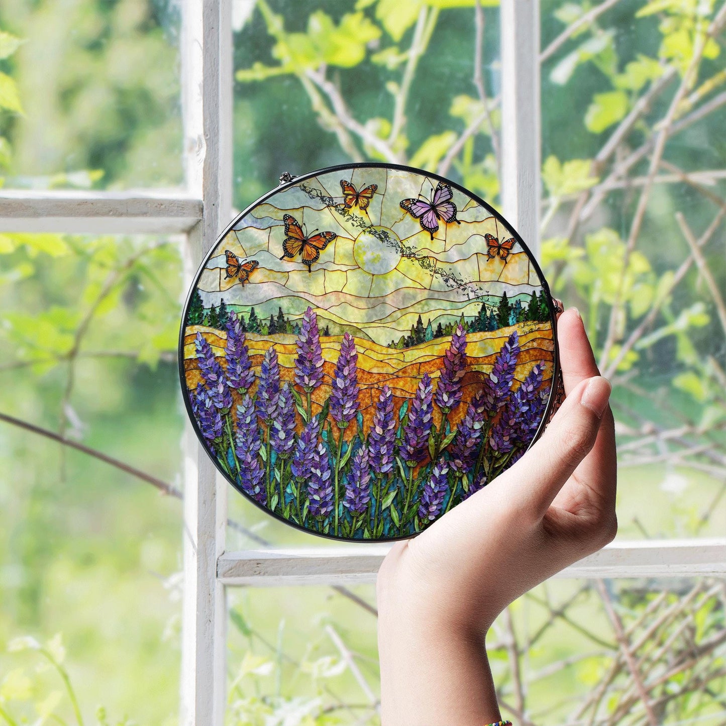 Purple lavender field butterflies stained glass round suncatcher gift for mom nature decor