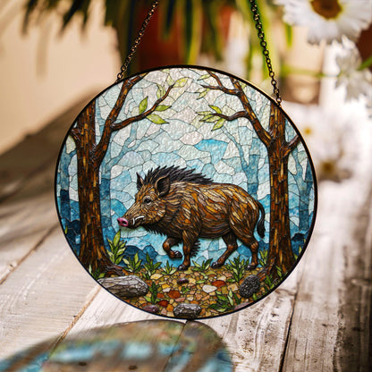 Wild Boar Forest Scene Stained Glass Suncatcher Woodland Animal Window Decor Gift for Nature Lover